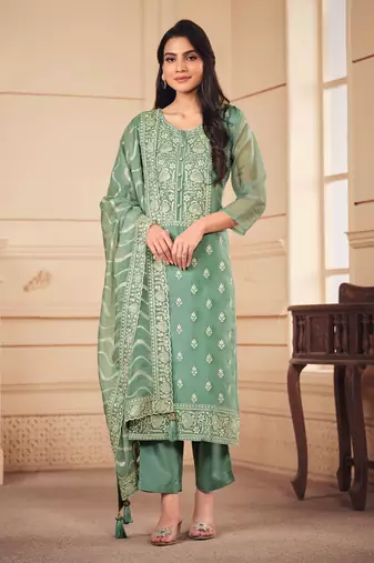 Turquoise Embroidered Organza  Straight Suit. Free size full stitched Up To 42" Size