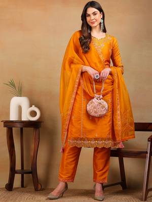 women mustard silk blend solid embroidered straight kurta pant with dupatta 1