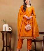 women mustard silk blend solid embroidered straight kurta pant with dupatta