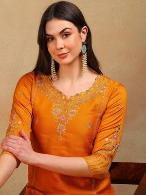 women mustard silk blend solid embroidered straight kurta pant with dupatta 2