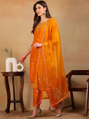 women mustard silk blend solid embroidered straight kurta pant with dupatta 3