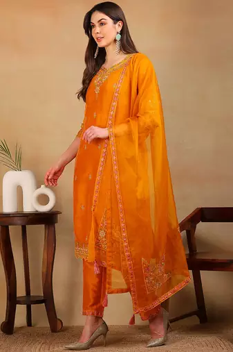 women mustard silk blend solid embroidered straight kurta pant with dupatta