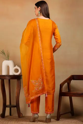 women mustard silk blend solid embroidered straight kurta pant with dupatta