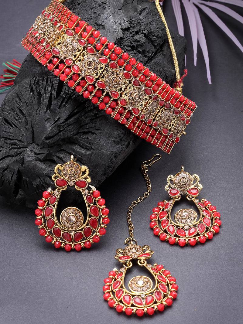 Gold plated red kundan beads choker necklace set with earring
