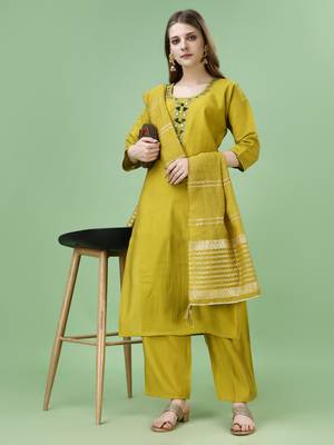 Trendy designer festive collection mehndi color viscose fabric mirror and khatli work kurta set with  dupatta 1