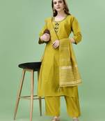 Trendy designer festive collection mehndi color viscose fabric mirror and khatli work kurta set with  dupatta