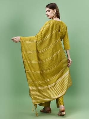 Trendy designer festive collection mehndi color viscose fabric mirror and khatli work kurta set with  dupatta 2