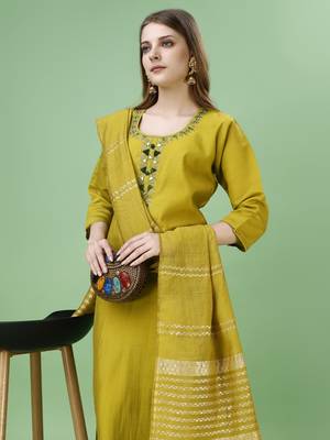 Trendy designer festive collection mehndi color viscose fabric mirror and khatli work kurta set with  dupatta 5