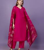 Trendy designer festive collection rani pink color viscose fabric mirror and khatli work kurta set with  dupatta