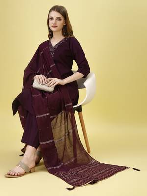 Trendy designer festive collection dark wine color viscose fabric mirror and khatli work kurta set with  dupatta 1