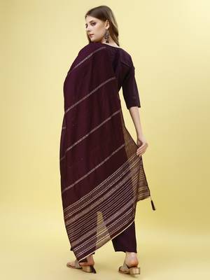 Trendy designer festive collection dark wine color viscose fabric mirror and khatli work kurta set with  dupatta 2