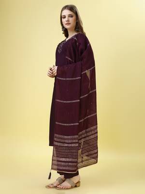 Trendy designer festive collection dark wine color viscose fabric mirror and khatli work kurta set with  dupatta 3