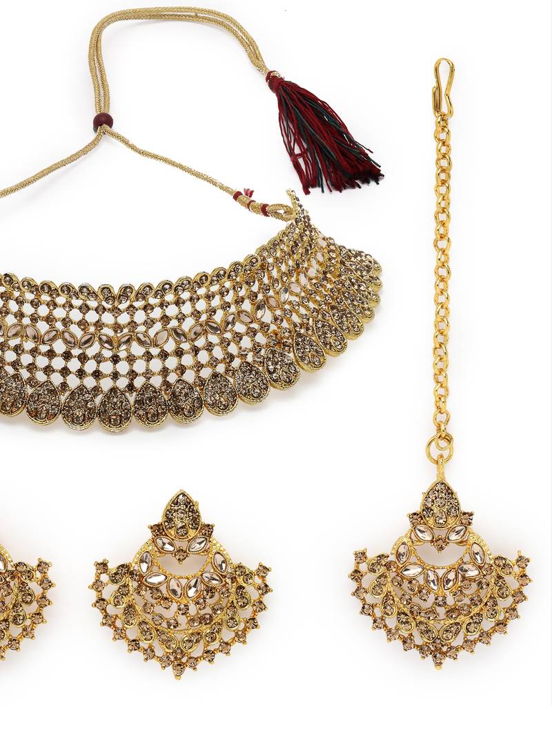 Curve shaped gold plated lct ad stone choker necklace set with