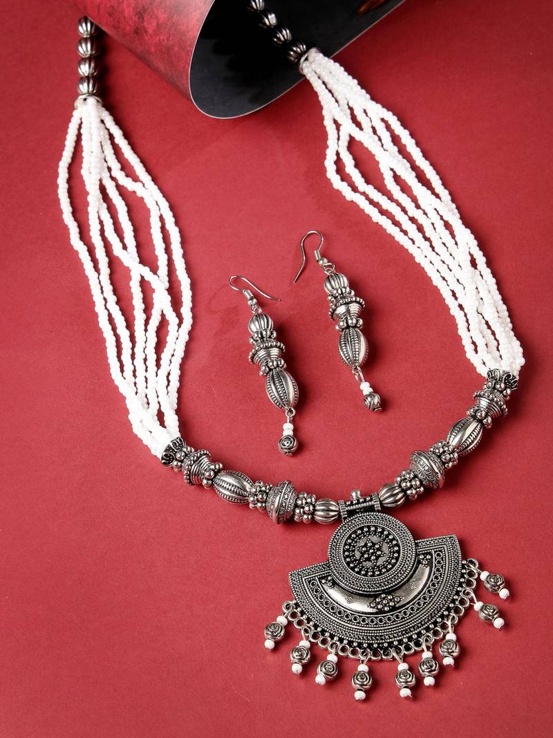 Ethnic oxidised silver plated stylish beads long necklace set