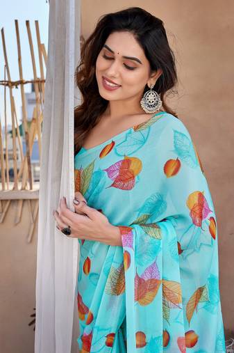 Turquoise chiffon floral print saree with unstitched blouse piece