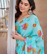 Turquoise chiffon floral print saree with unstitched blouse piece