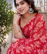 Red chiffon floral print saree with unstitched blouse piece