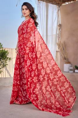 Red chiffon floral print saree with unstitched blouse piece 3