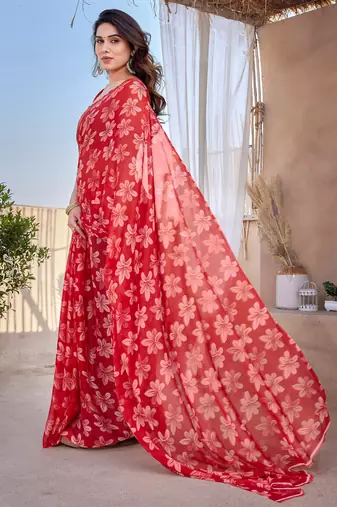 Red chiffon floral print saree with unstitched blouse piece