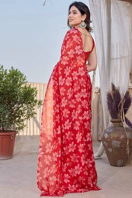 Red chiffon floral print saree with unstitched blouse piece 4