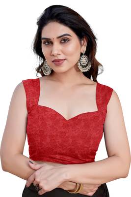 Red chiffon floral print saree with unstitched blouse piece 5