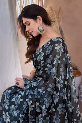 Black Chiffon Floral Print Saree With Unstitched Blouse Piece 1
