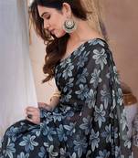 Black Chiffon Floral Print Saree With Unstitched Blouse Piece