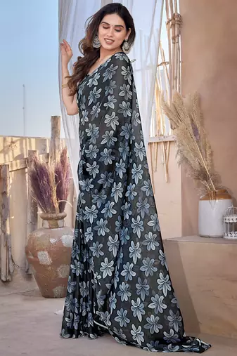 Black Chiffon Floral Print Saree With Unstitched Blouse Piece