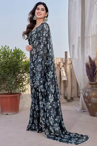 Black Chiffon Floral Print Saree With Unstitched Blouse Piece