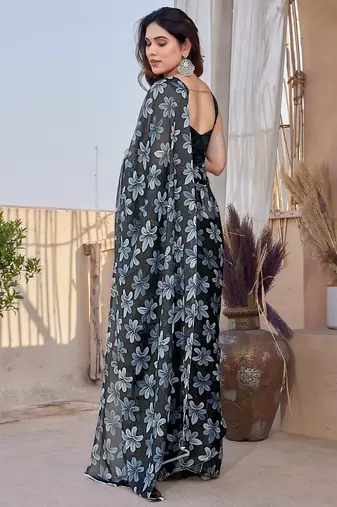 Black Chiffon Floral Print Saree With Unstitched Blouse Piece