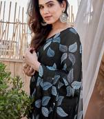 Black Chiffon Floral Print Saree With Unstitched Blouse Piece