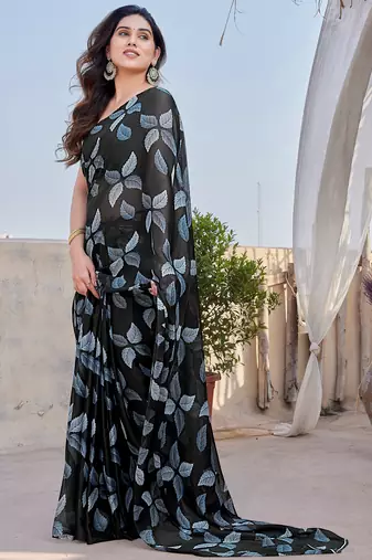 Black Chiffon Floral Print Saree With Unstitched Blouse Piece