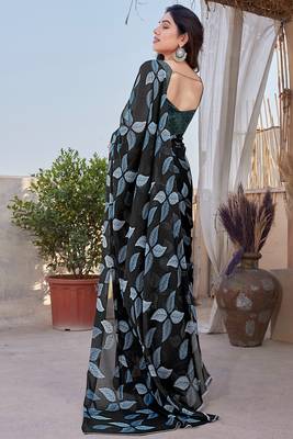 Black Chiffon Floral Print Saree With Unstitched Blouse Piece 4