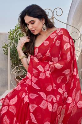Red chiffon floral print saree with unstitched blouse piece 1