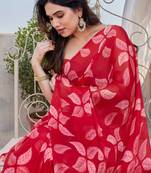 Red chiffon floral print saree with unstitched blouse piece