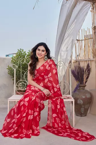 Red chiffon floral print saree with unstitched blouse piece