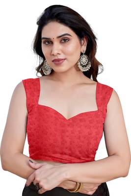 Red chiffon floral print saree with unstitched blouse piece 5