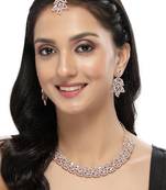Rose gold plated rainbow stone collar bone necklace set with earring & maangtika jewellery set for women (ns105599)