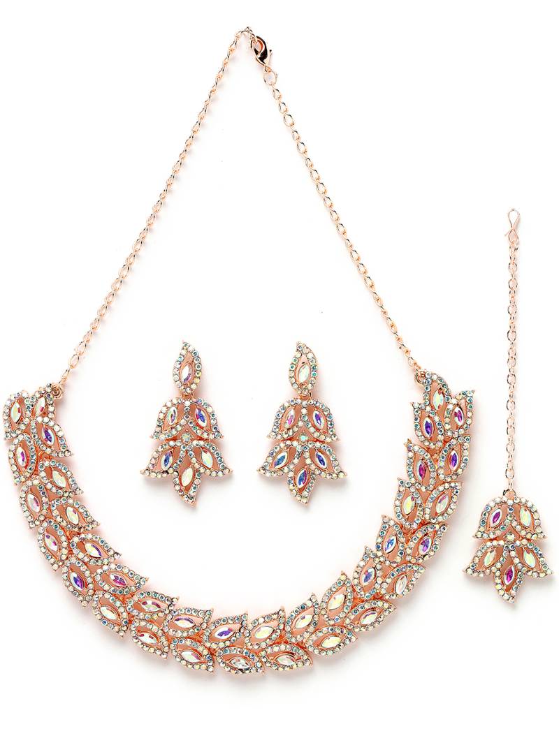 Rose gold plated rainbow stone collar bone necklace set with earring & maangtika jewellery set for women (ns105599)