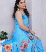 Light blue chiffon floral print/checks saree with unstitched blouse piece