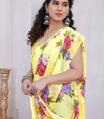 Yellow Chiffon Floral Print Saree With Unstitched Blouse Piece