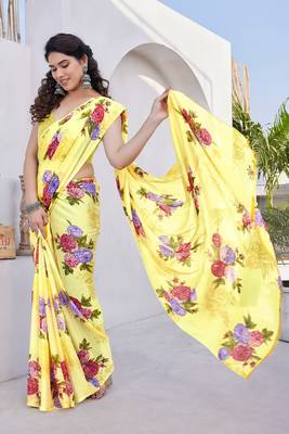 Yellow Chiffon Floral Print Saree With Unstitched Blouse Piece 2