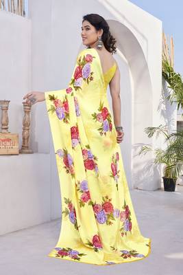 Yellow Chiffon Floral Print Saree With Unstitched Blouse Piece 4