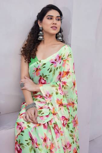 Light pista green chiffon floral print saree with unstitched blouse piece