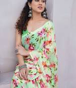 Light pista green chiffon floral print saree with unstitched blouse piece