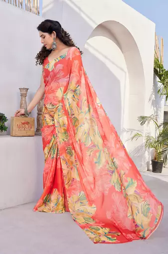 Coral chiffon floral print saree with unstitched blouse piece