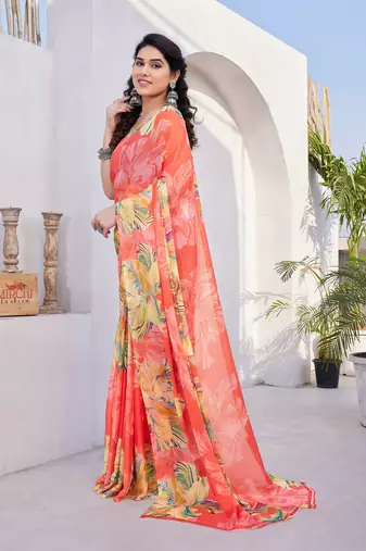 Coral chiffon floral print saree with unstitched blouse piece