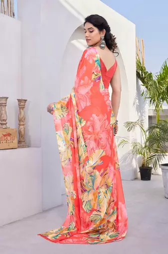 Coral chiffon floral print saree with unstitched blouse piece