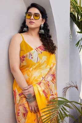 Mustard chiffon floral print saree with unstitched blouse piece 1
