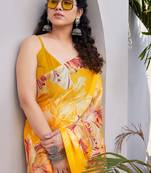 Mustard chiffon floral print saree with unstitched blouse piece